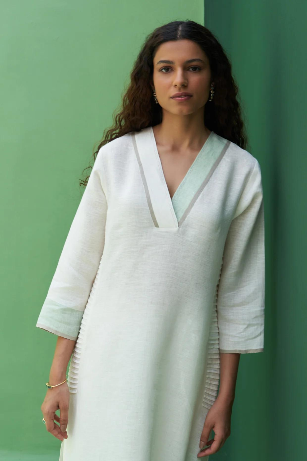 June Border Linen Pleated Kurta
- Ivory