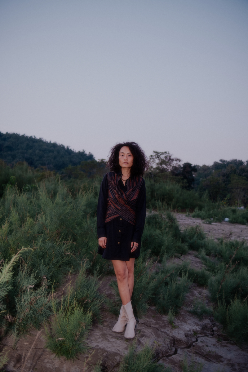 Upcycled Seattle Wrap Short Dress - Black Copper cotton by The Terra Tribe in black color for women Worldwide