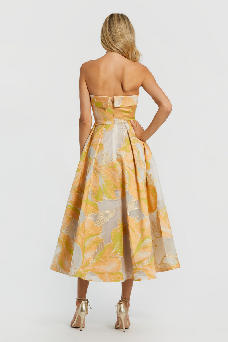 20724-Brocade Midi Dress-Peach Multi mul by Mac Duggal in multi color for women Worldwide