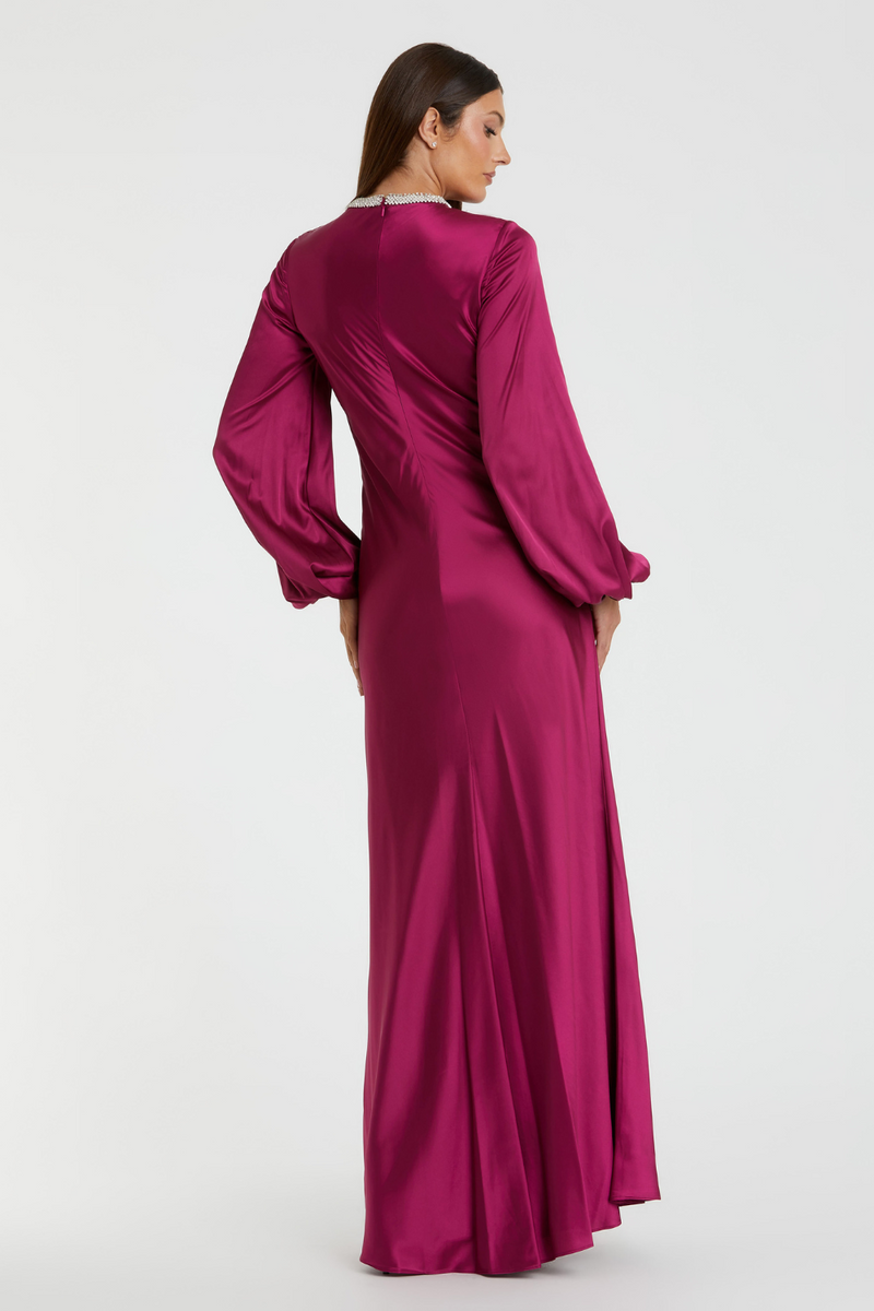 26575-Bishop Sleeve Satin Gown-Berry by Mac Duggal for women Worldwide