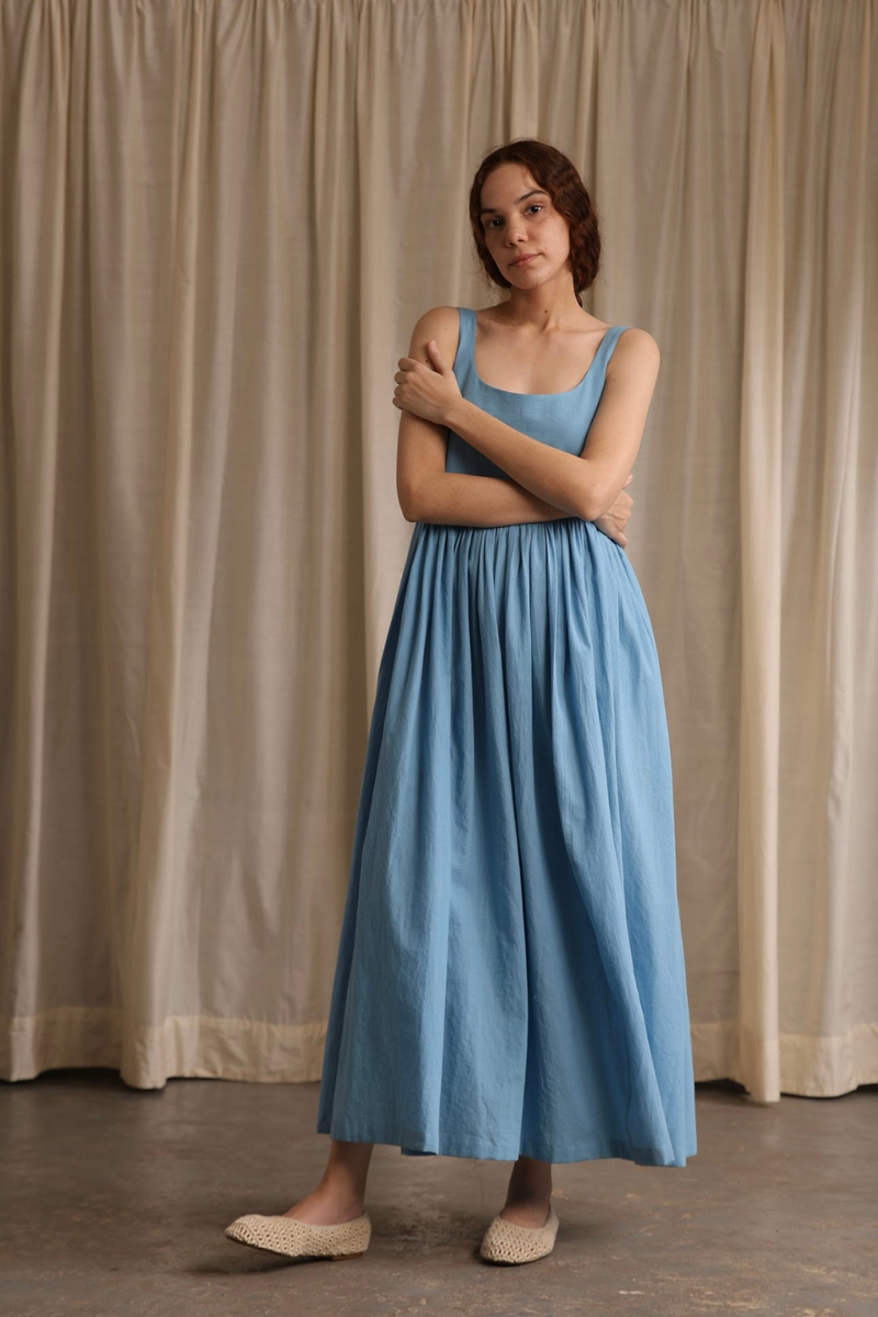 Mia Dress- Cornflower cotton by MASON AND MILL in blue color for women Worldwide