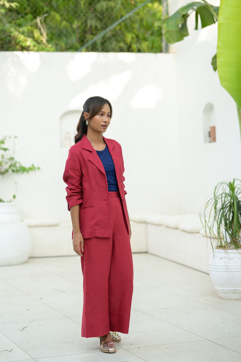 Crimson Sky Suit linen co-ord set by Zanzibar Living in crimson red for women Worldwide