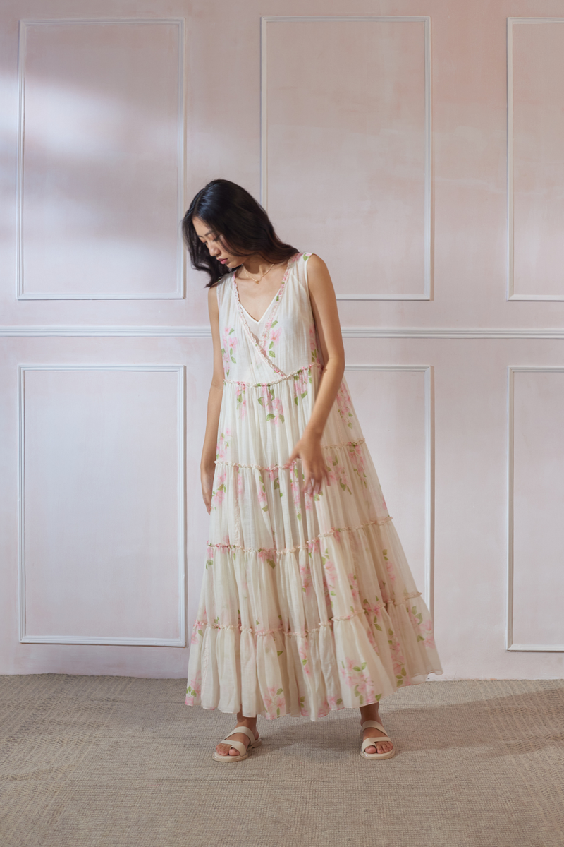 Bougainvillea Maxi Dress silk by Nadiya Paar in white color for women Worldwide