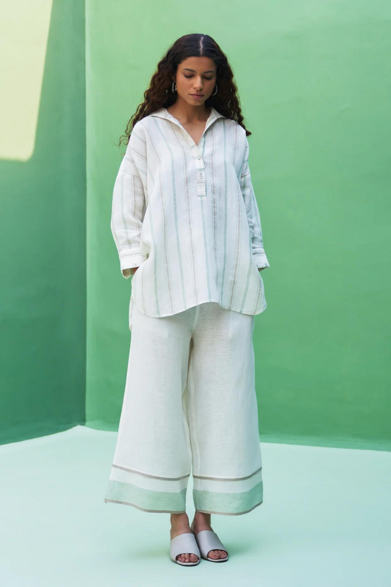 Mara Border Linen Pant
 - Ivory linen by Manan in ivory color for women Worldwide