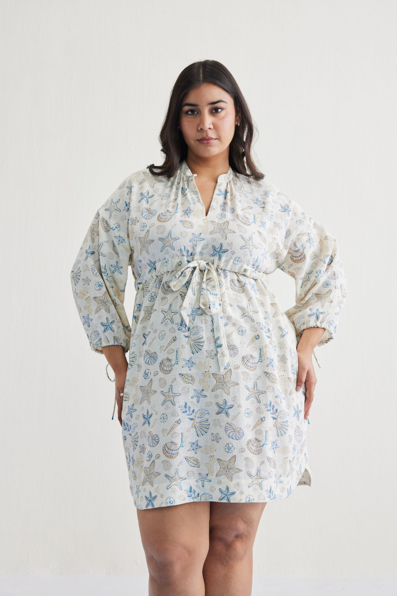 The Marine Handspun Handwoven Organic Cotton Short Dress cotton by SUI in white color for women Worldwide
