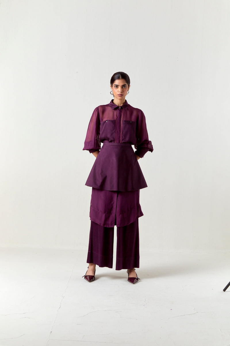 BEADED COLLAR SHEER SHIRT CO-ORD-WINE organza by THREE for women Worldwide