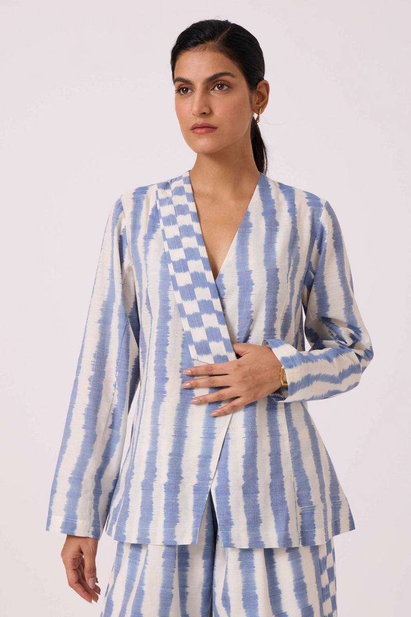 Dimtri Blue Striped Ikat Jacket cotton by The Summer House in blue color for women Worldwide
