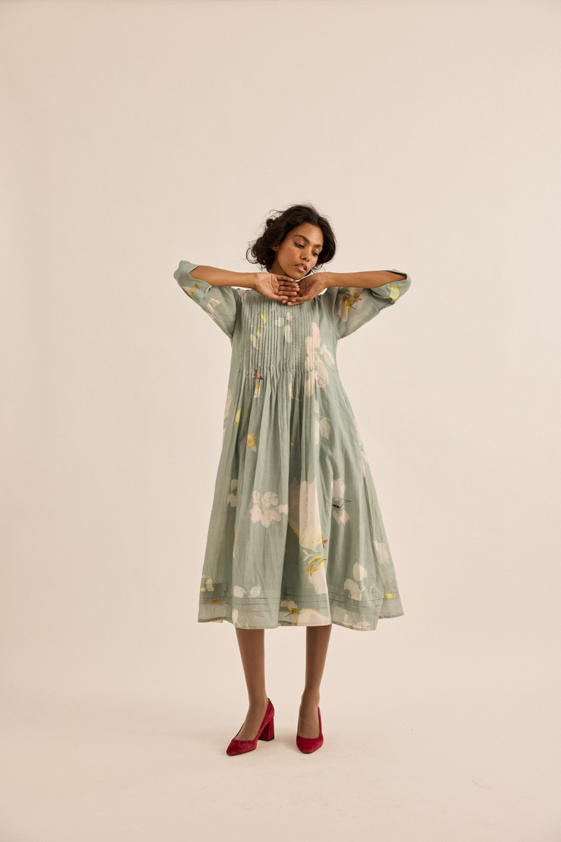 Cornflower Dress mul dress by Khara Kapas in sage green for women Worldwide