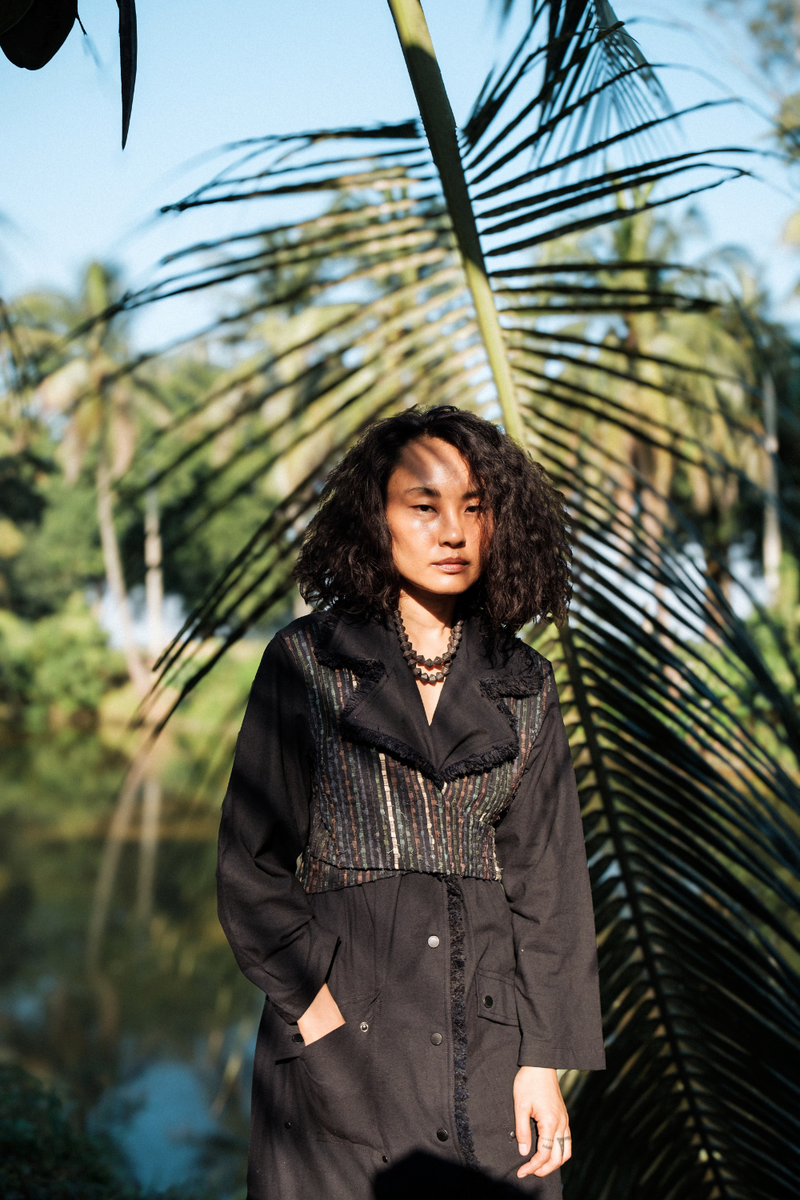 Upcycled Handwoven Copenhagen Trench - Black Green cotton by The Terra Tribe in green color for women Worldwide