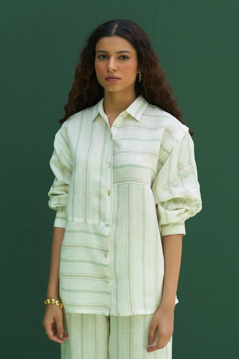 Akra Striped Linen Shirt
 - Mint linen by Manan in mint color for women Worldwide
