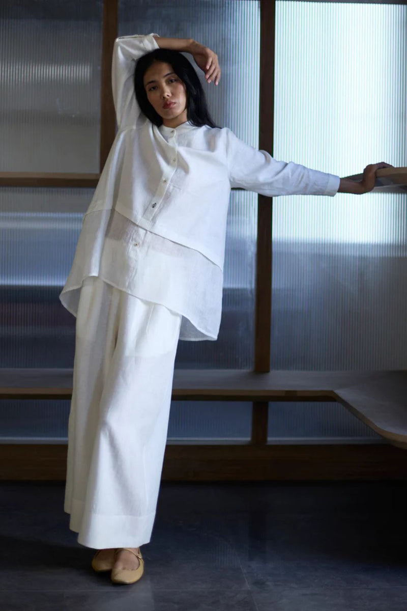 Anaya Linen A-Line Shirt - Ivory linen by Manan in white color for women Worldwide