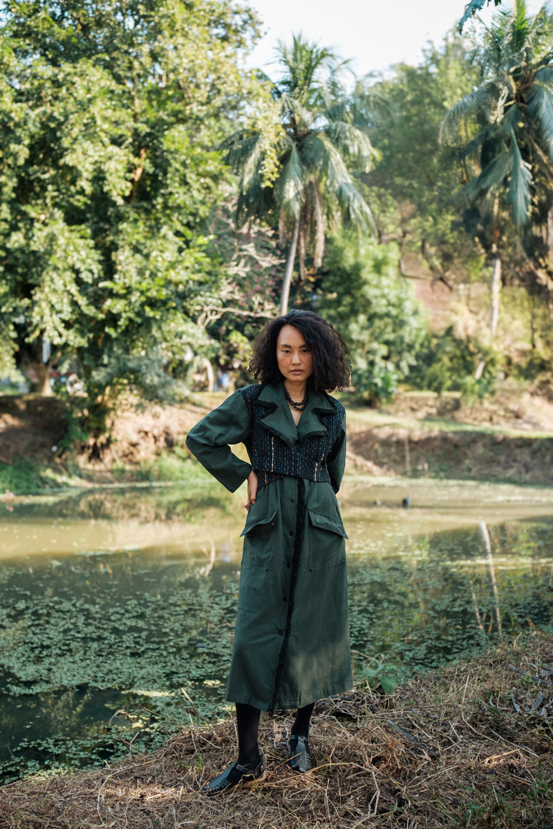 Upcycled Handwoven Copenhagen Trench - Green cotton by The Terra Tribe in green color for women Worldwide