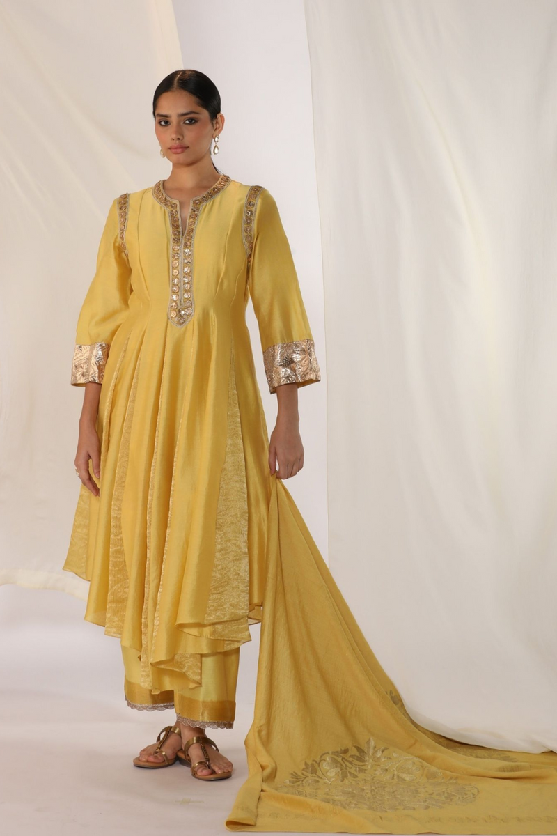 Godet kurta gota handwork with luxrious dupatta silk by Myoho in yellow color for women Worldwide
