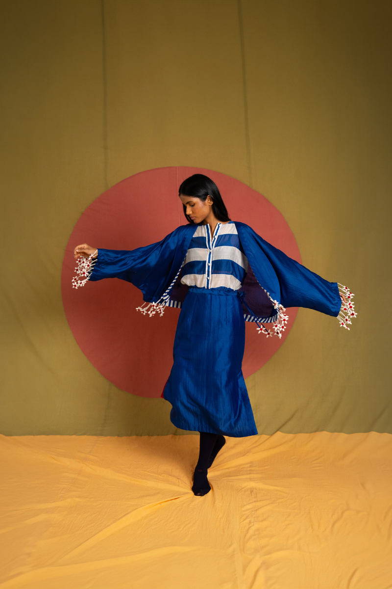 Tass Moma Jacket-Blue and White chanderi jacket/overlay by Ka-Sha in blue for women Worldwide