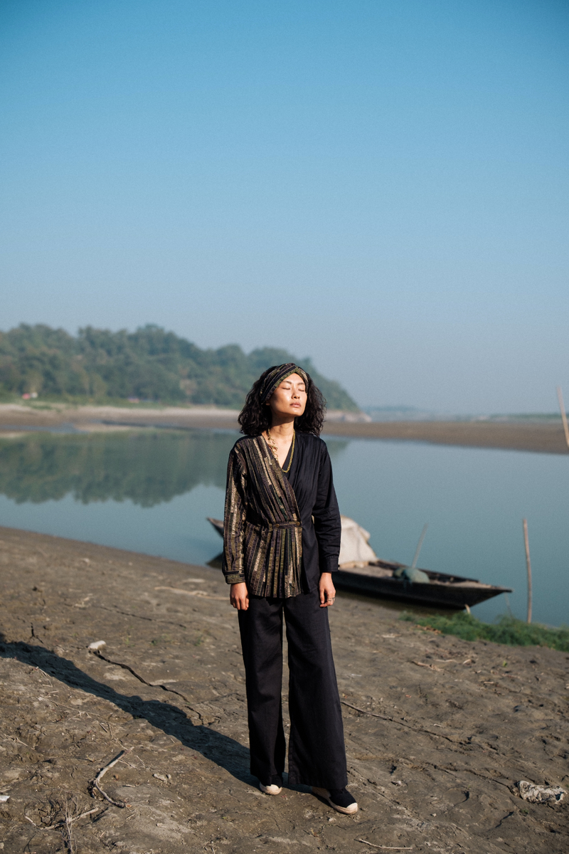 Upcycled Sailor Flared Pants - Black cotton by The Terra Tribe in black color for women Worldwide