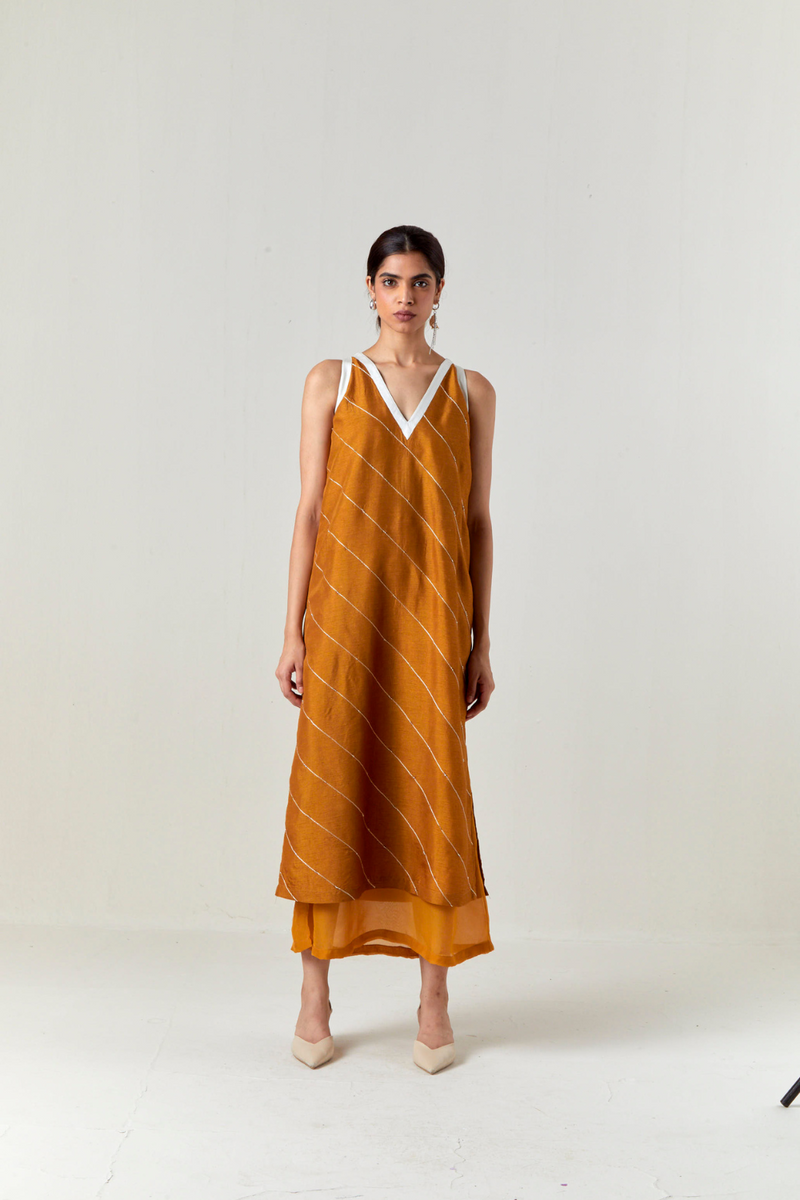 V-NECK EMBELLISHMENT DETAIL DRESS-OCHRE silk by THREE for women Worldwide