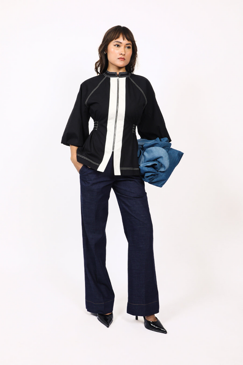Lana Top-Black & Off White 100% cotton by Leh Studios in black color for women Worldwide