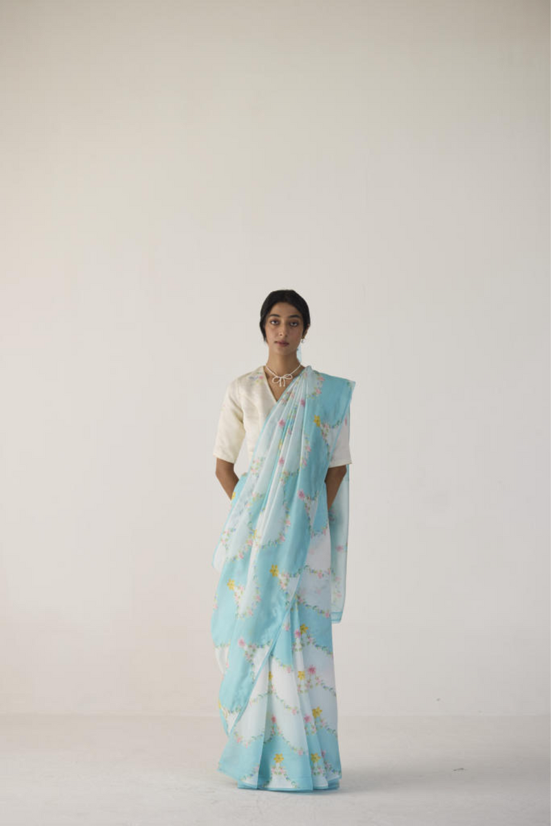 Gulmarg Mulberry Organza Silk Sari-Blue organza by Nadiya Paar in blue color for women Worldwide