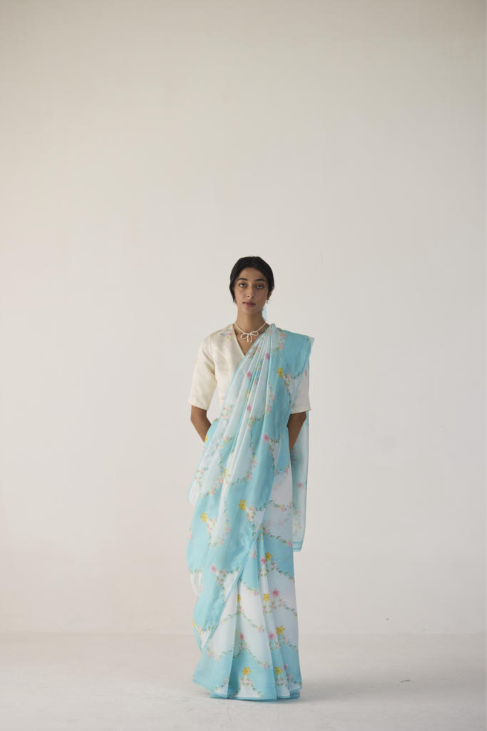 Gulmarg Mulberry Organza Silk Sari-Blue