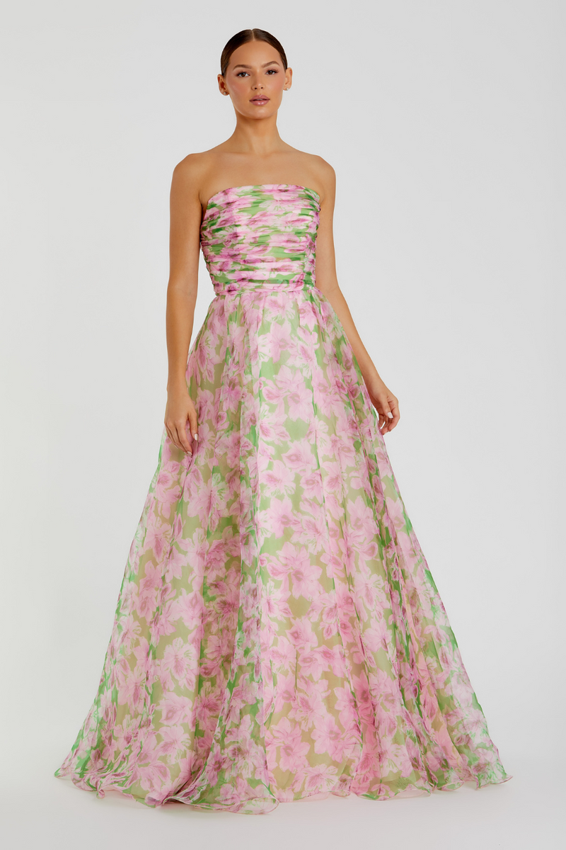 30783-Chiffon Gown with Ruffle Detail-Pink Multi mul by Mac Duggal in pink color for women Worldwide