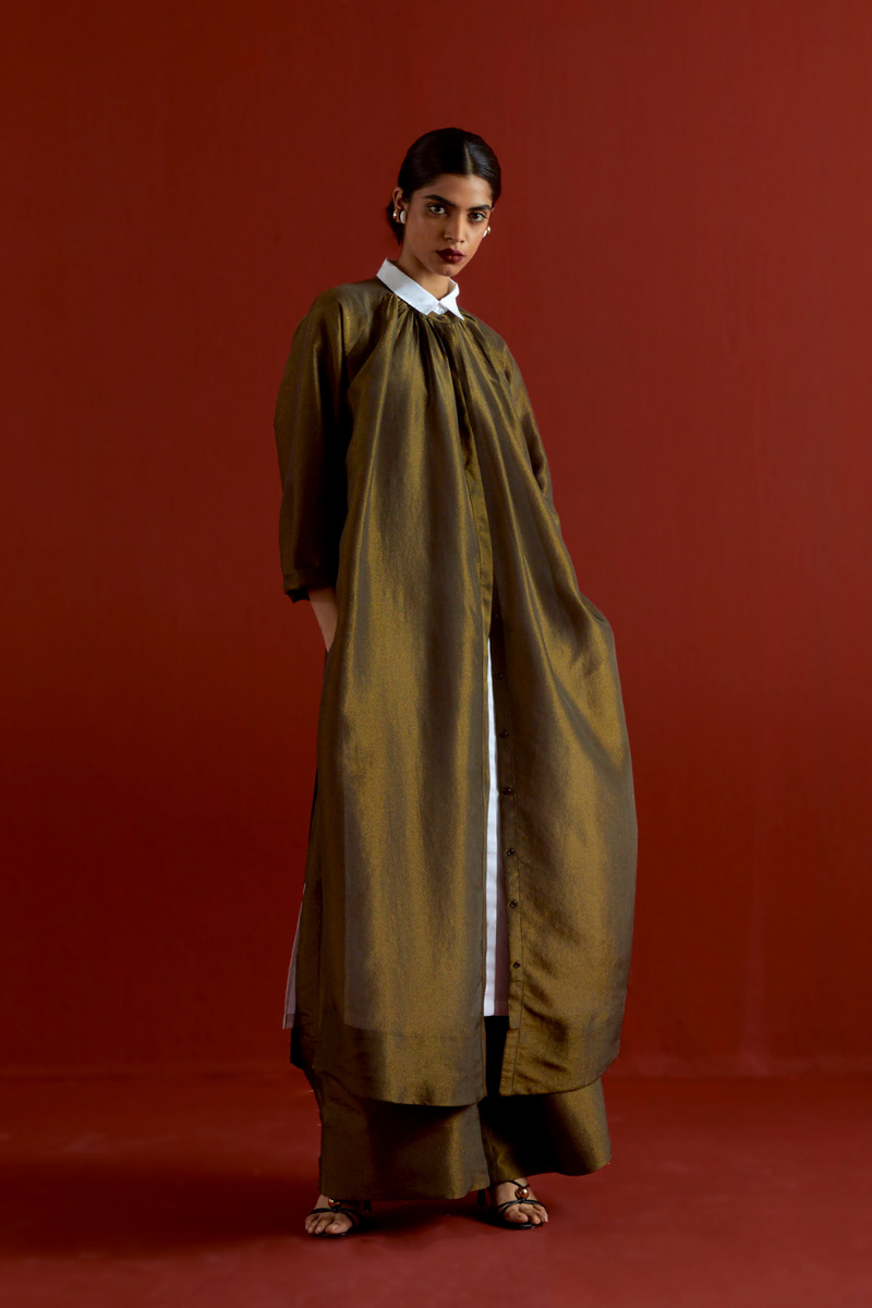 GATHER NECK SHIRT CO-ORD-OLIVE GOLD tissue by THREE in gold color for women Worldwide