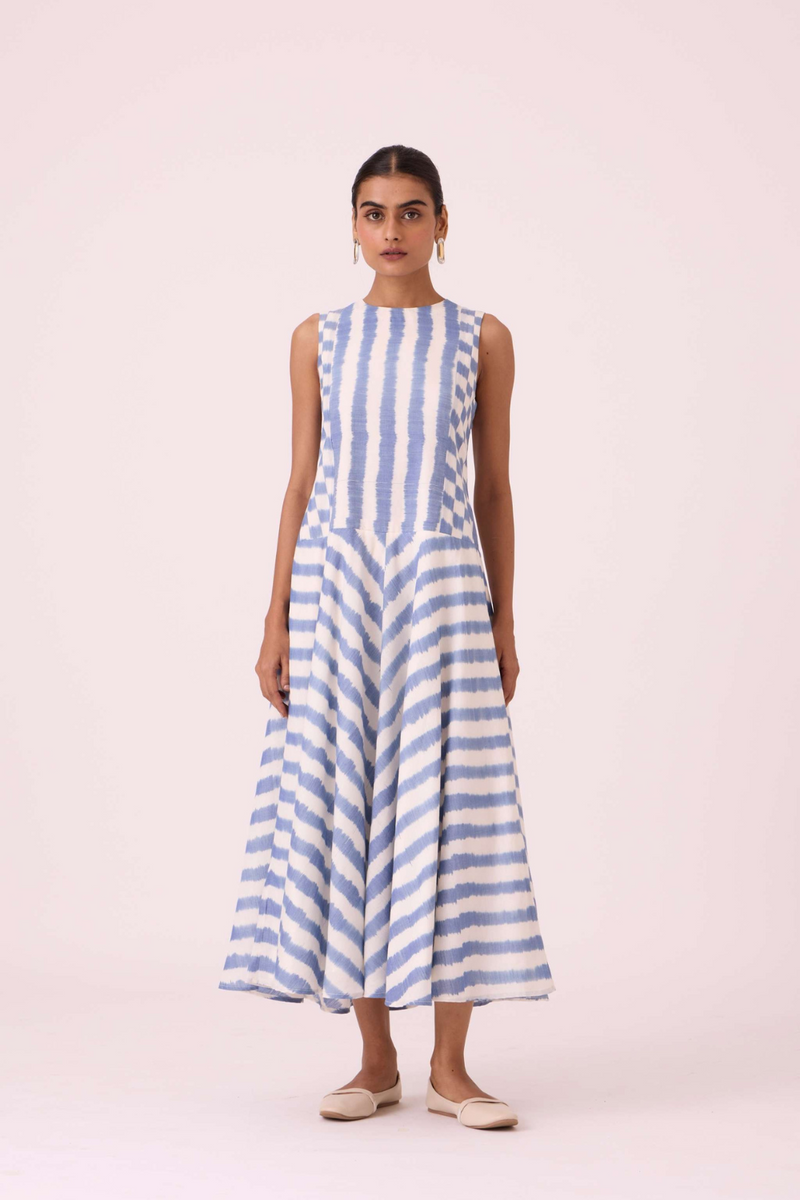 Myshkin Blue Striped Ikat Dress cotton by The Summer House in blue color for women Worldwide