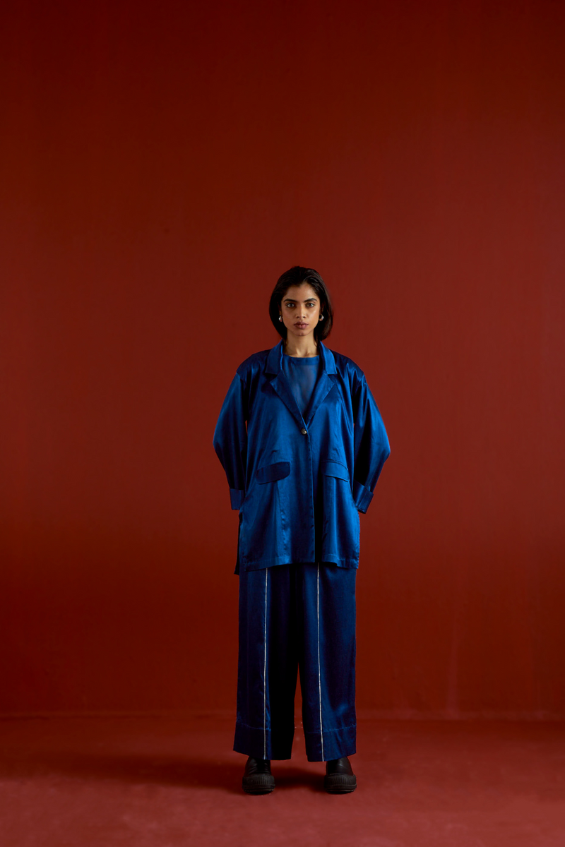 WIDE SLEEVE JACKET CO-ORD-ELECTRIC BLUE satin by THREE in blue color for women Worldwide
