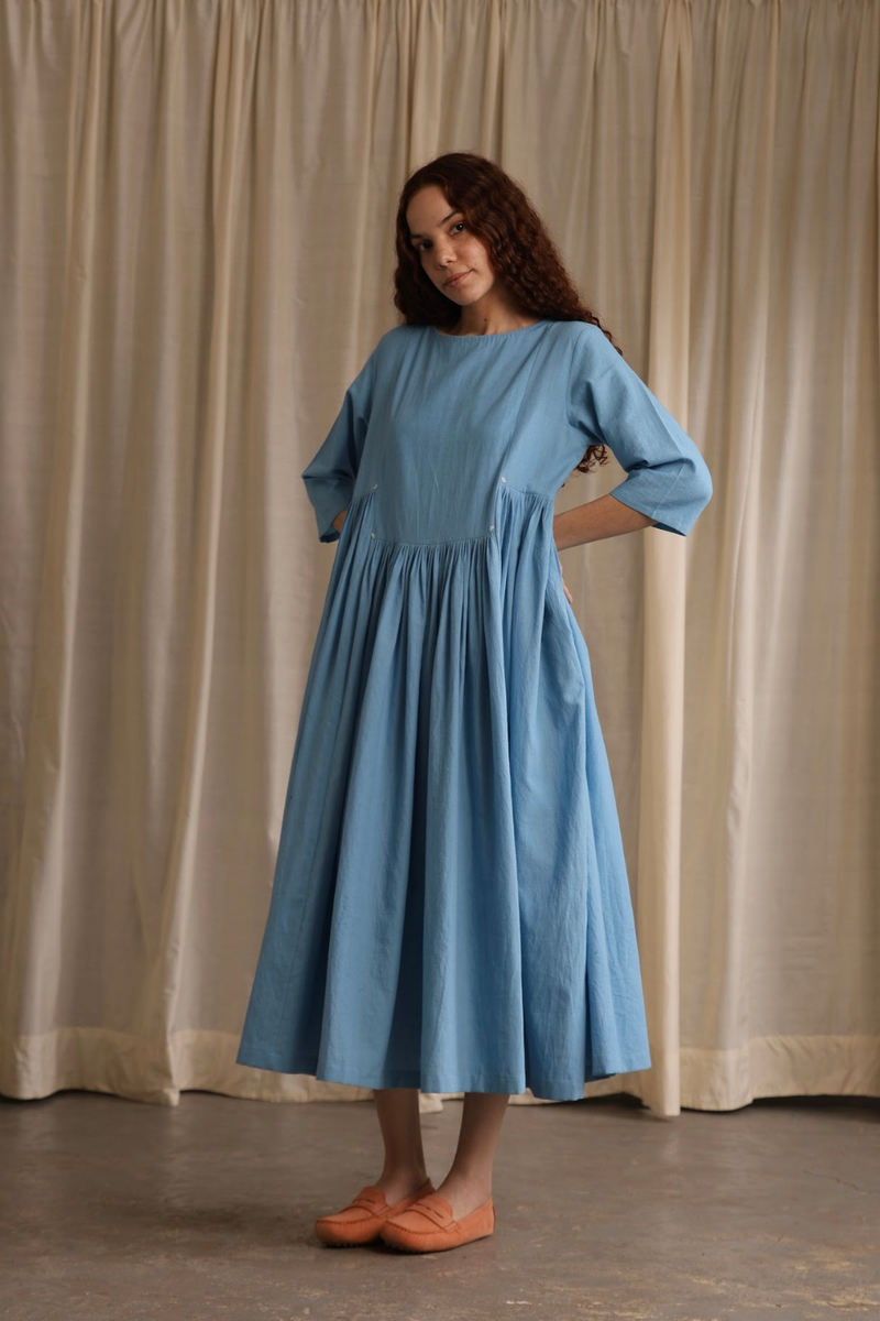 Bonnie Dress - Cornflower cotton by MASON AND MILL in blue color for women Worldwide