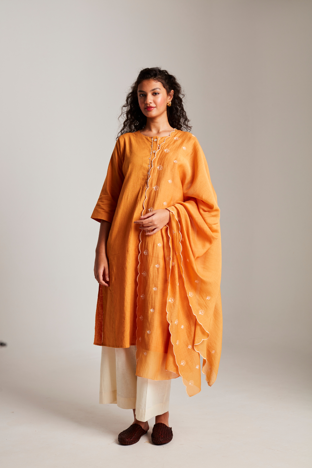 Mango Co-Linen Beaded Placket Kurta set with dupatta