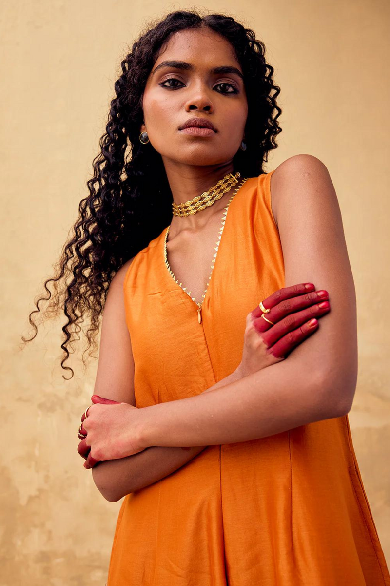 Kesar Jumpsuit chanderi by Khara Kapas in orange for women Worldwide