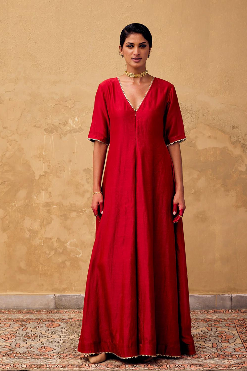 Jashn Jumpsuit chanderi by Khara Kapas in red for women Worldwide
