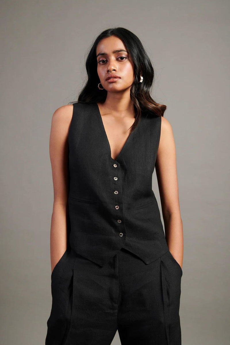Kohl Linen Waist Coat Set linen by Saphed in black color for women Worldwide