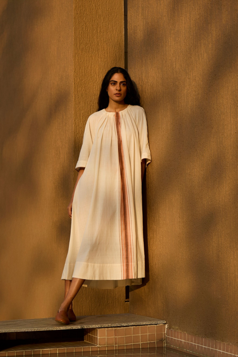 Bulan Handwoven Striped Midi Dress cotton by The Summer House in white color for women Worldwide
