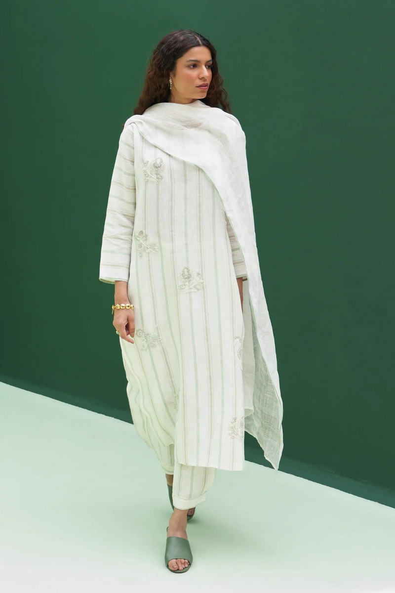 Kuma Stripe Border Linen Dupatta
 -Mint linen by Manan in ivory color for women Worldwide