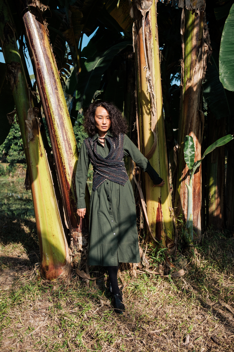 Upcycled Handwoven Seattle Wrap Calf Dress - Green cotton by The Terra Tribe in green color for women Worldwide