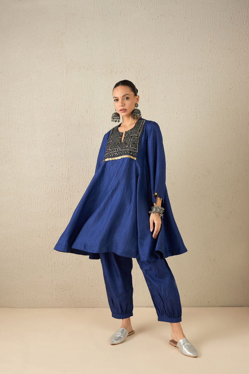 AFGHANI SILK SET - Navy Blue silk by Aavidi in yellow color for women Worldwide