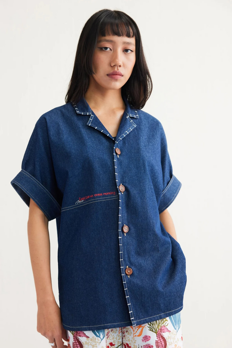 Ocean Morning Sustainable Denim Shirt cotton by SUI in blue color for men Worldwide