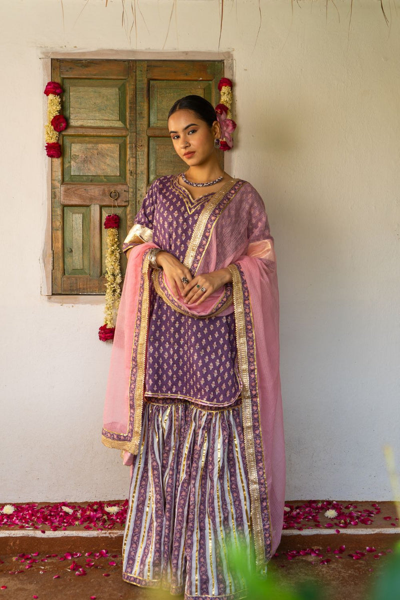 Saundh purple and peach hand block printed gota sharara set cotton by Maison Shefali in multi color for women Worldwide