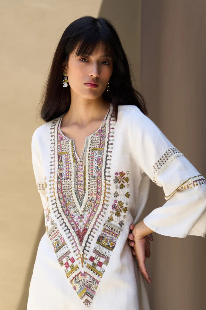 Afra Hand-Embroidered Kurta - Ivory linen by Manan in white color for women Worldwide