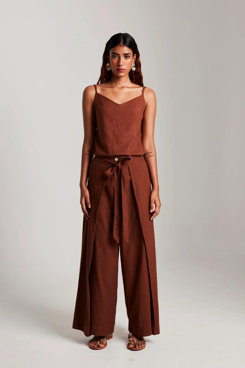 Mocha Co-Linen Camisole Top & Wrap Pants cotton by Saphed in brown color for women Worldwide