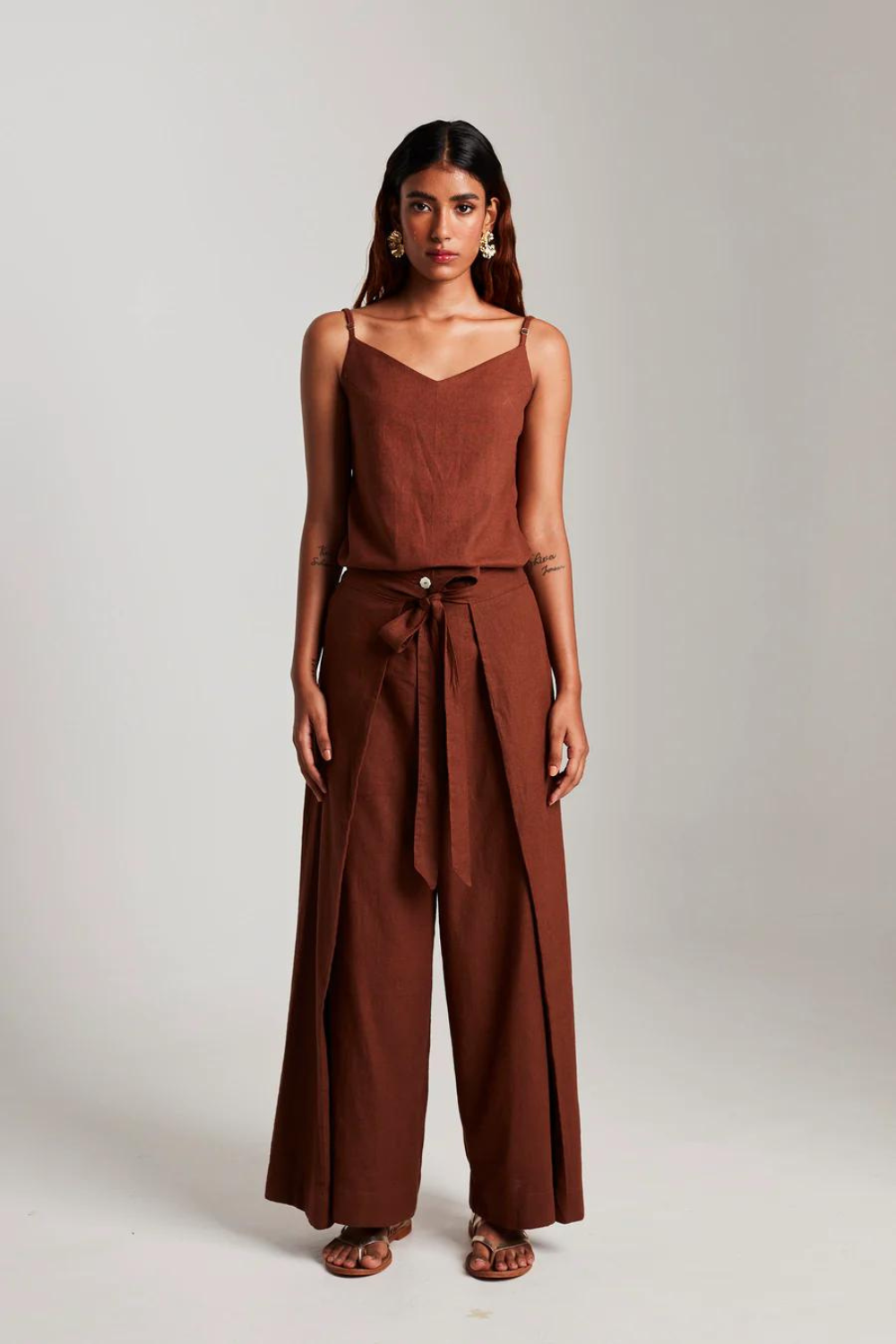 Mocha Co-Linen Camisole Top & Wrap Pants