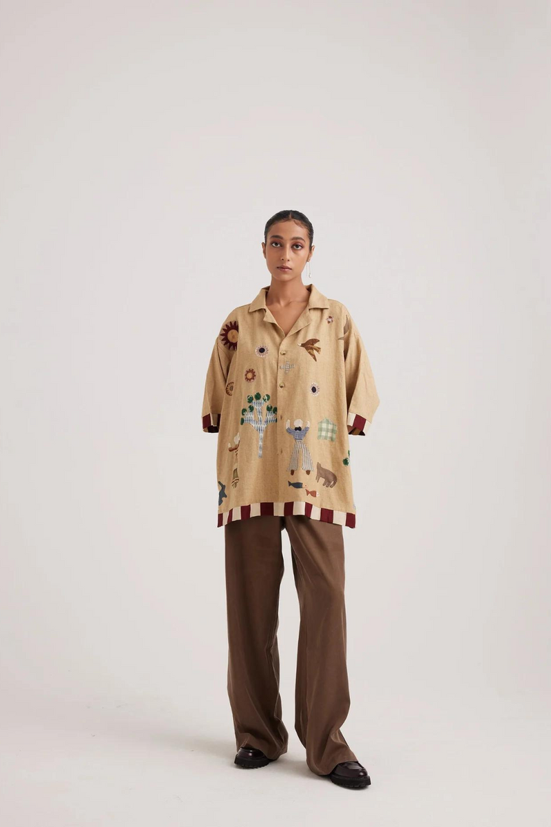 Unisex Oversized Shirt-Folk Applique-Beige by CORD for women Worldwide