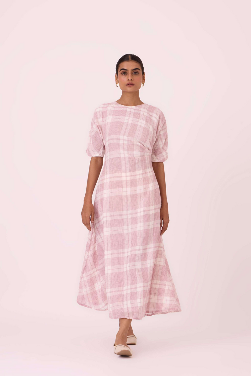 Pine Checkered Handwoven Dress cotton by The Summer House in white color for women Worldwide