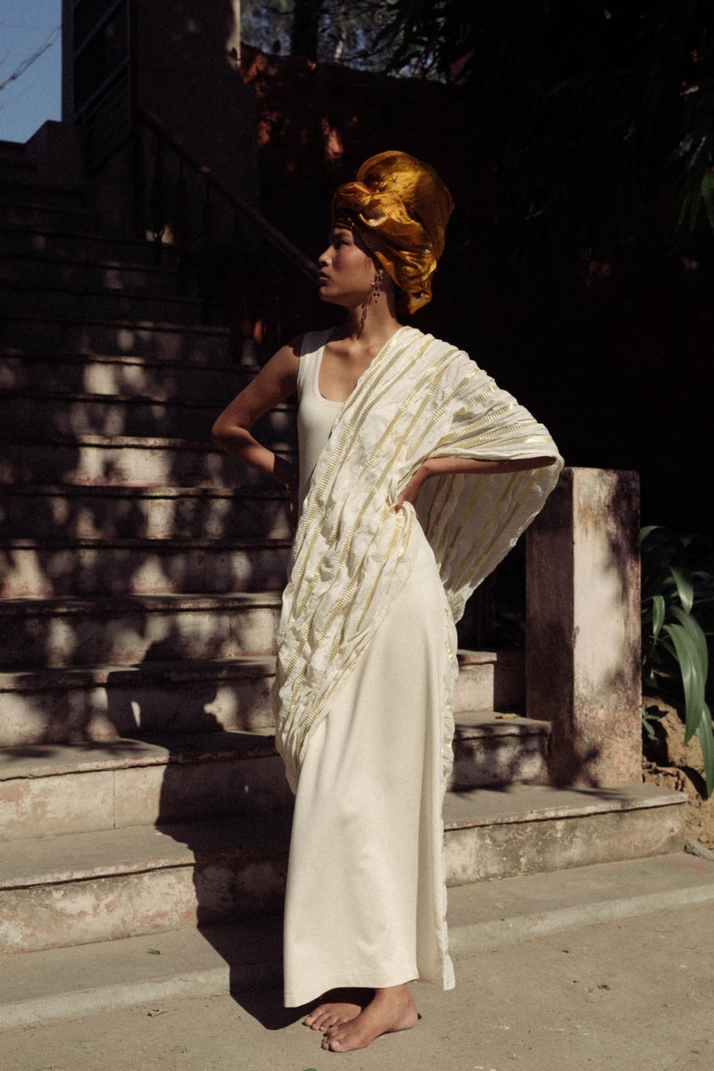 NAVA WOVEN SARI DRESS 100% cotton by Ituvana in ivory color for women Worldwide