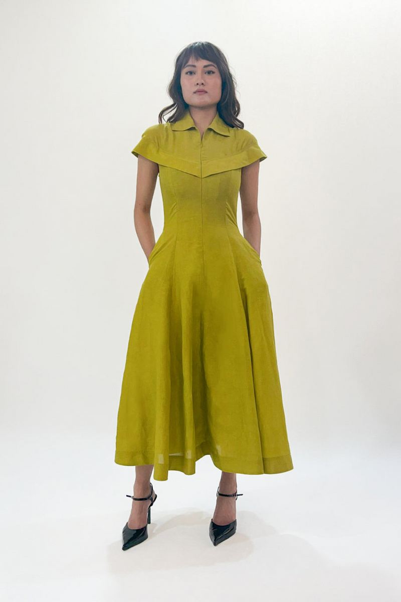 Sophie Cape dress linen by Leh Studios in green color for women Worldwide