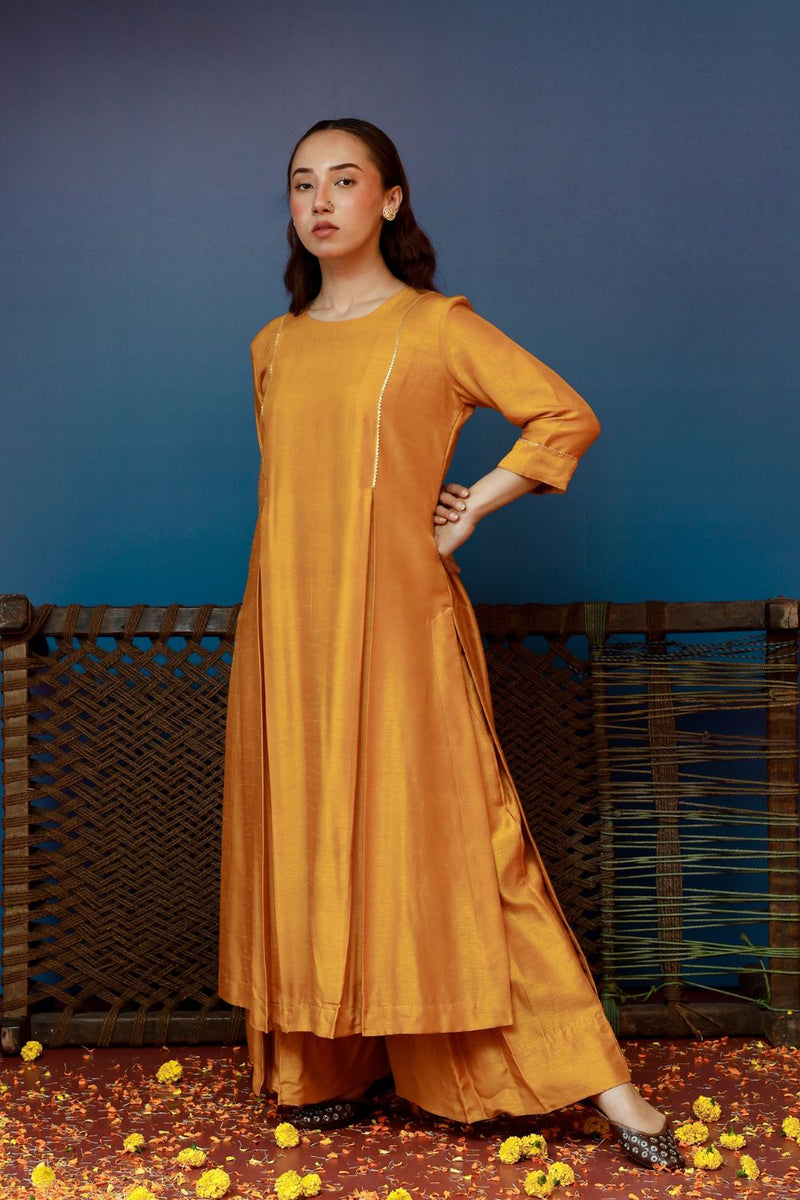 Aaram Ajrakh Kurta Set silk by PRAHNAAYA in yellow color for women Worldwide