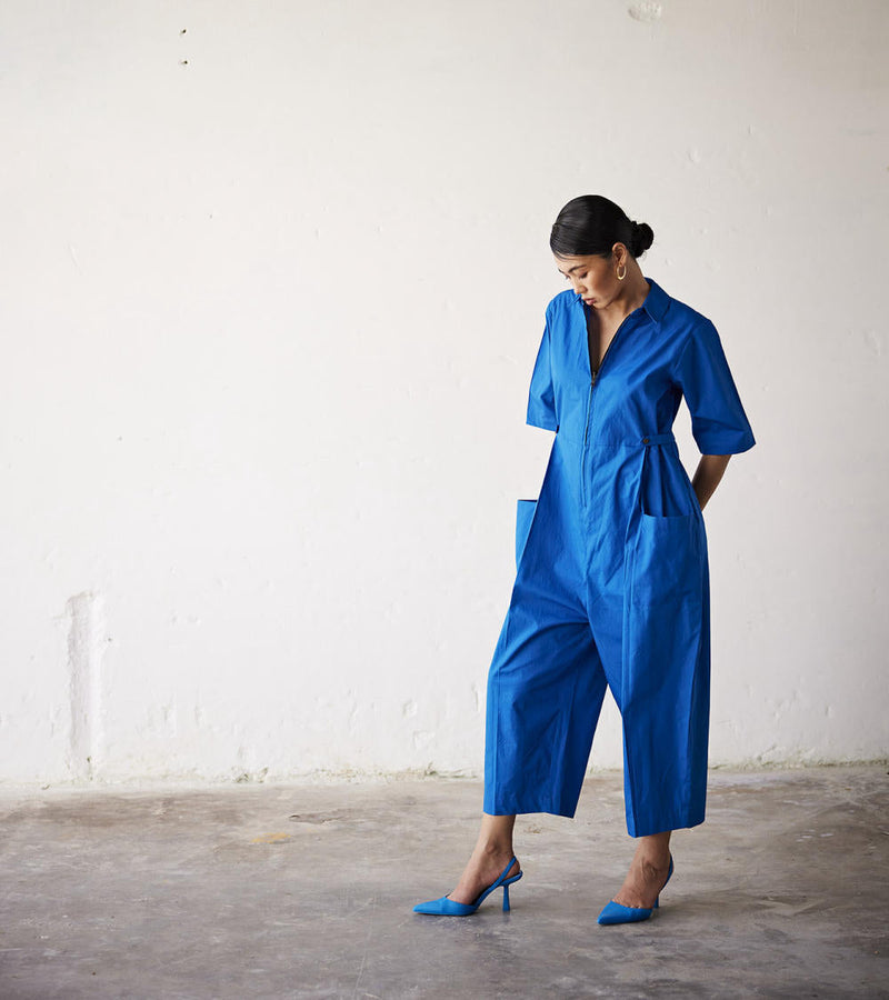 Summer Nights Jumpsuit poplin Jumpsuits by Khara Kapas in blue for women Worldwide