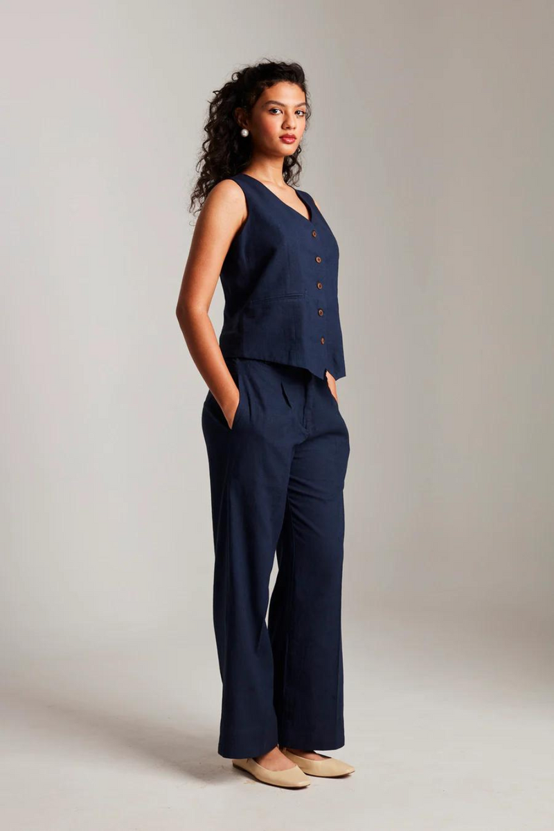 Navy Co-Linen Waistcoat set cotton by Saphed in navy color for women Worldwide