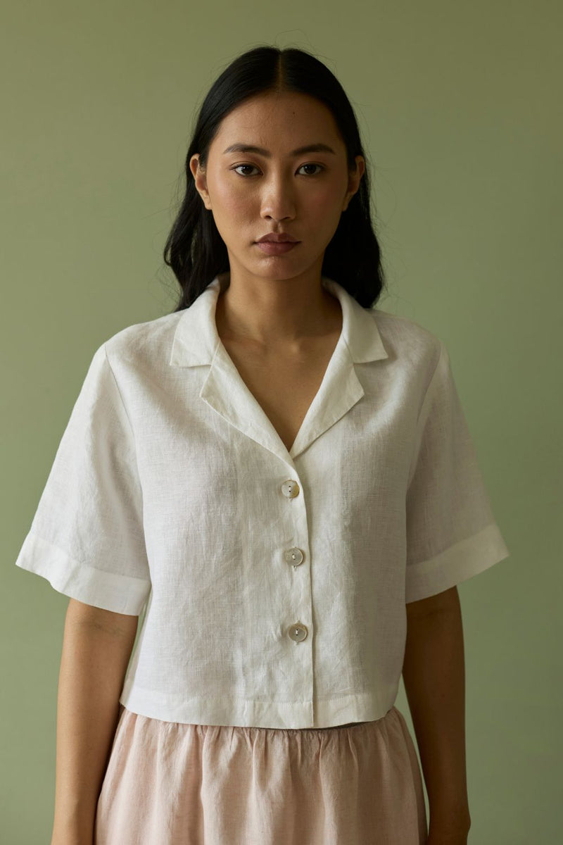 Kiera Cuban Collar Linen Shirt-Ivory linen by Manan in ivory color for women Worldwide