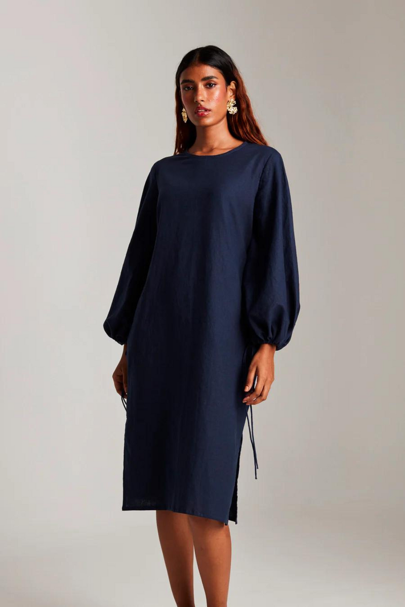 Navy Co-Linen Balloon Sleeves Dress cotton by Saphed in navy color for women Worldwide